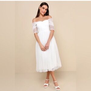 Lulu’’s Heavenly Mood White Mesh Swiss Dot Soft Off Shoulders Midi Retro 50’s L